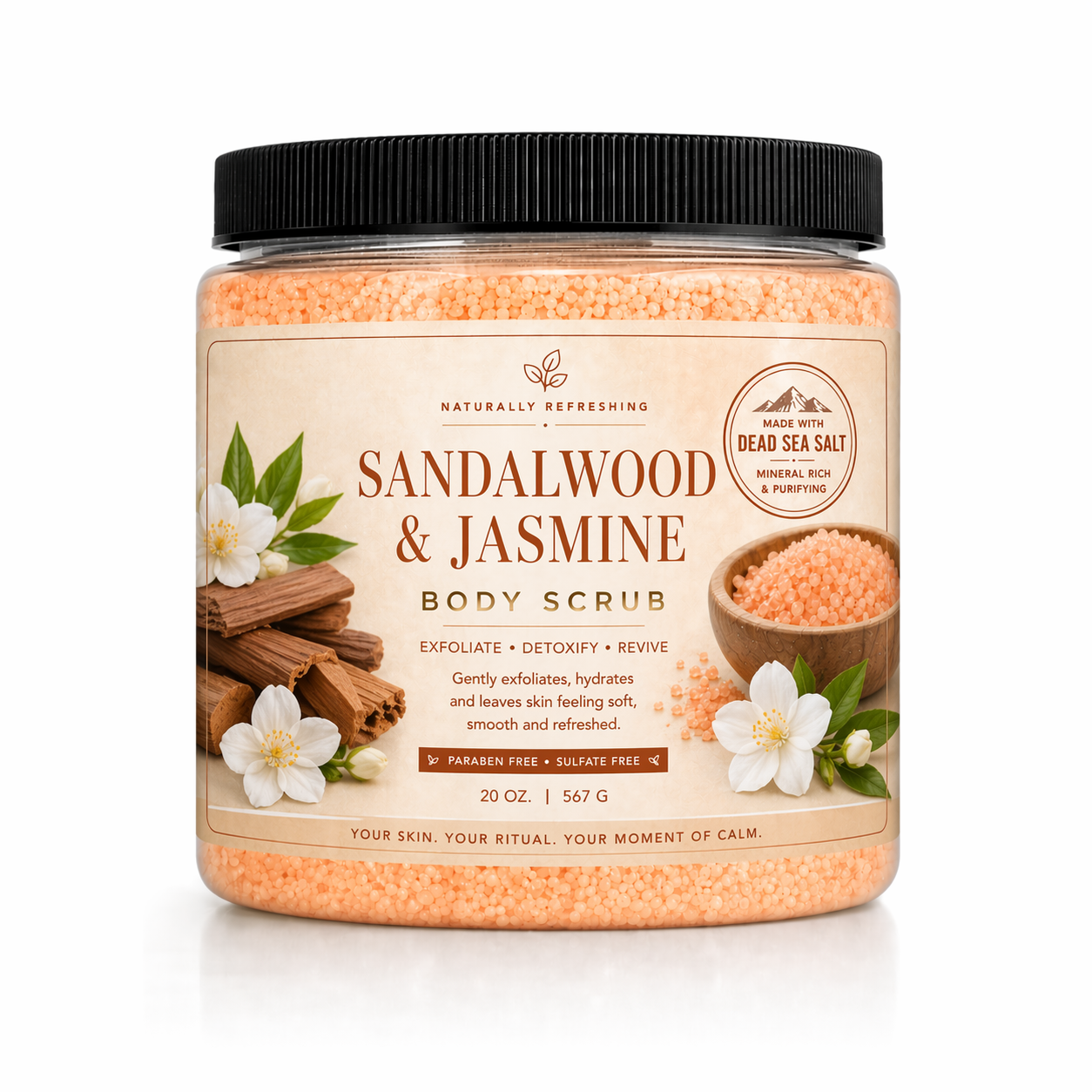 चंदन और चमेली बॉडी स्क्रब 20 औंस | डेड सी सॉल्ट