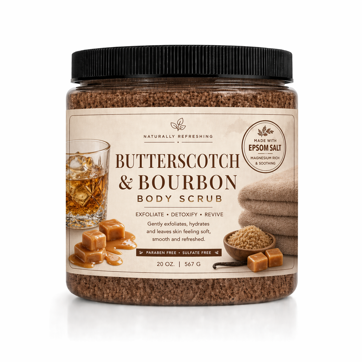 Butterscotch- og Bourbon-kropsskrub 20 oz | Epsomsalt