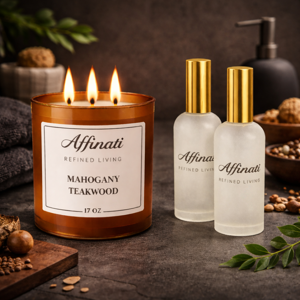 Mahogany Teakwood Candle & Room Spray Bundle | Strong Woodsy Scent - Affinati