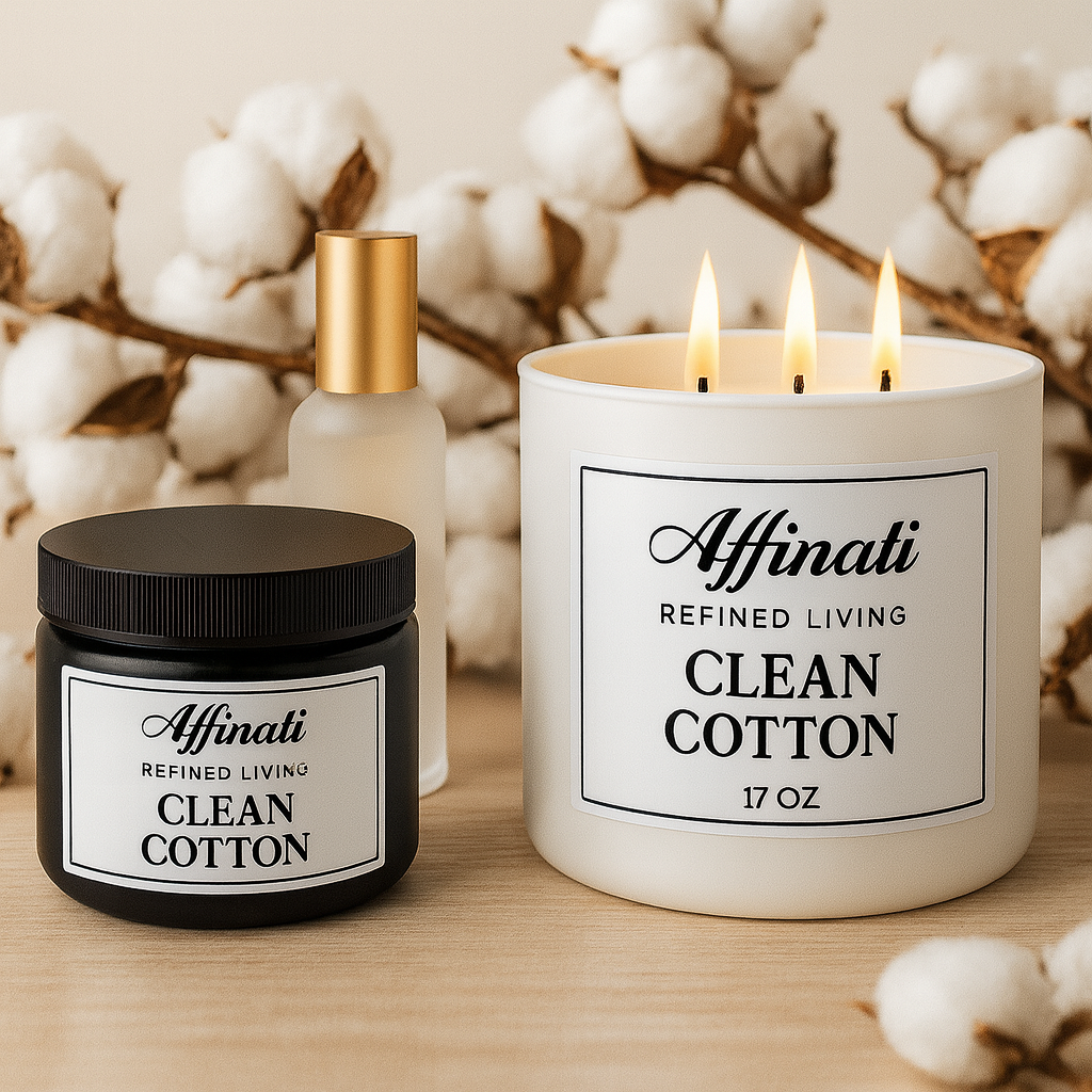 مجموعة أفيناتي القطن النظيف | شمعة، رذاذ و لوشن