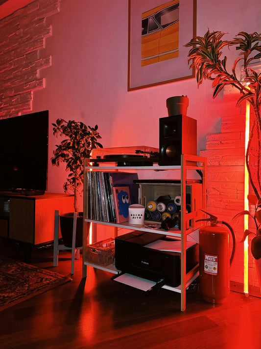 Living room with red lighting and shelving unit