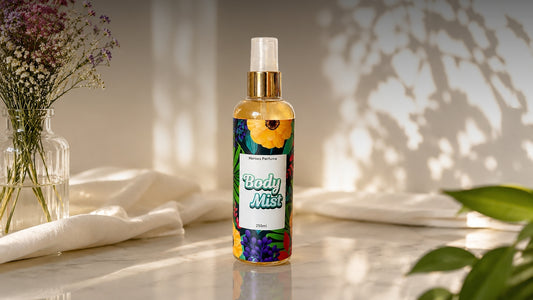 Colorful spray bottle on a table with flowers and shadows.