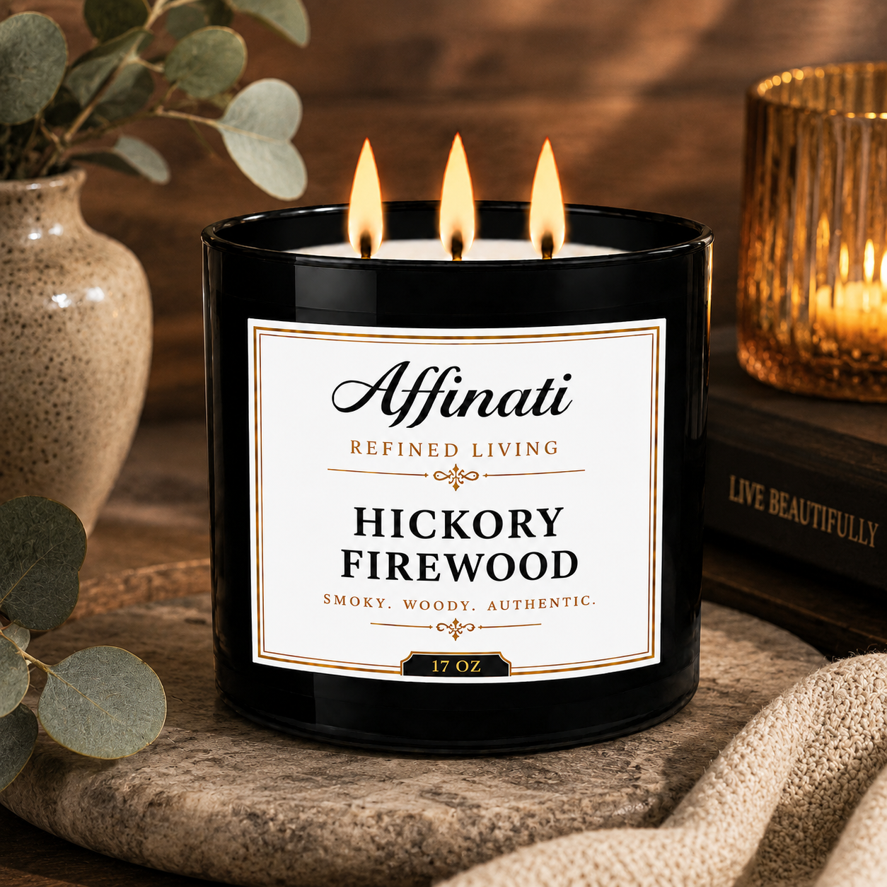 Hickory Firewood 3-Wick Candle - Affinati