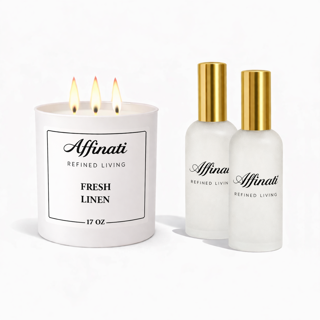 Fresh Linen Candle & Room Spray Bundle | Clean Strong Home Fragrance - Affinati