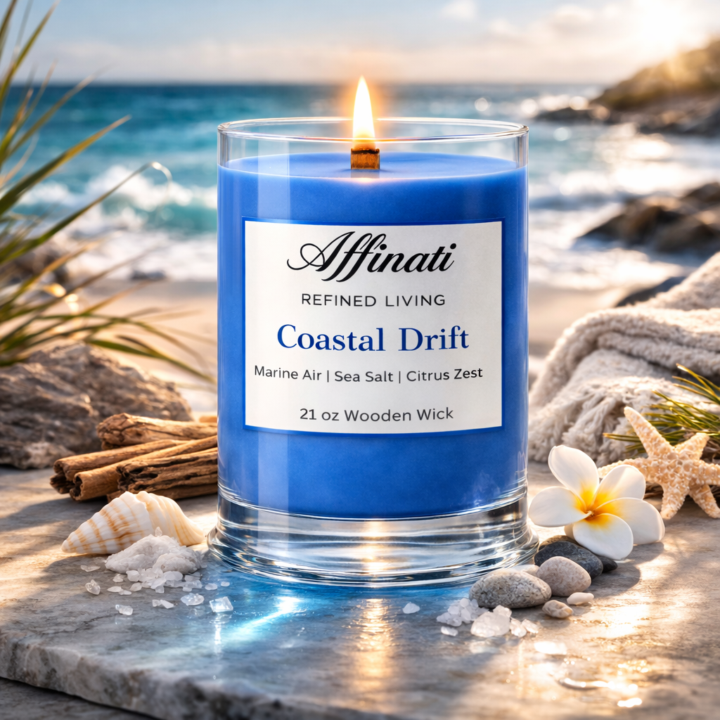 Coastal Drift Wooden Wick Candle – Luxury 21 oz Soy Blend | Affinati - Affinati