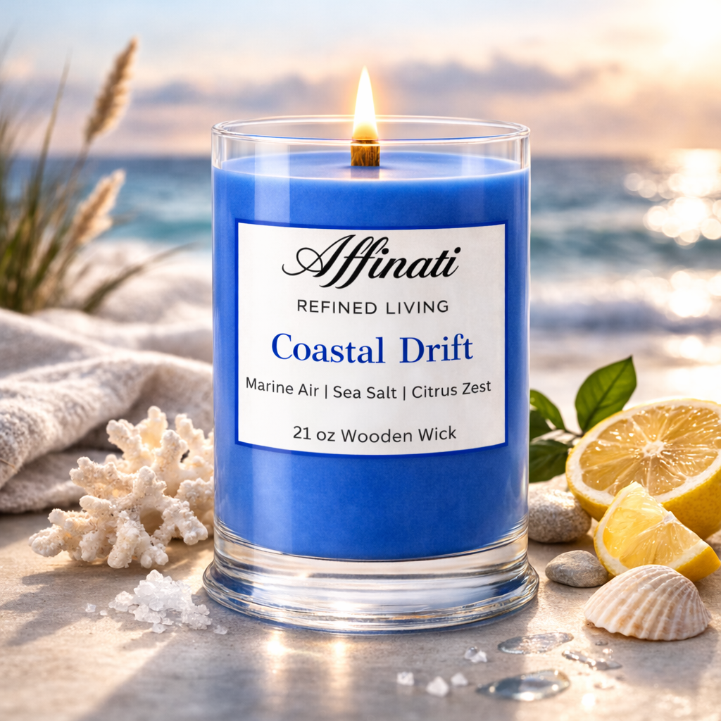 Coastal Drift Wooden Wick Candle – Luxury 21 oz Soy Blend | Affinati - Affinati
