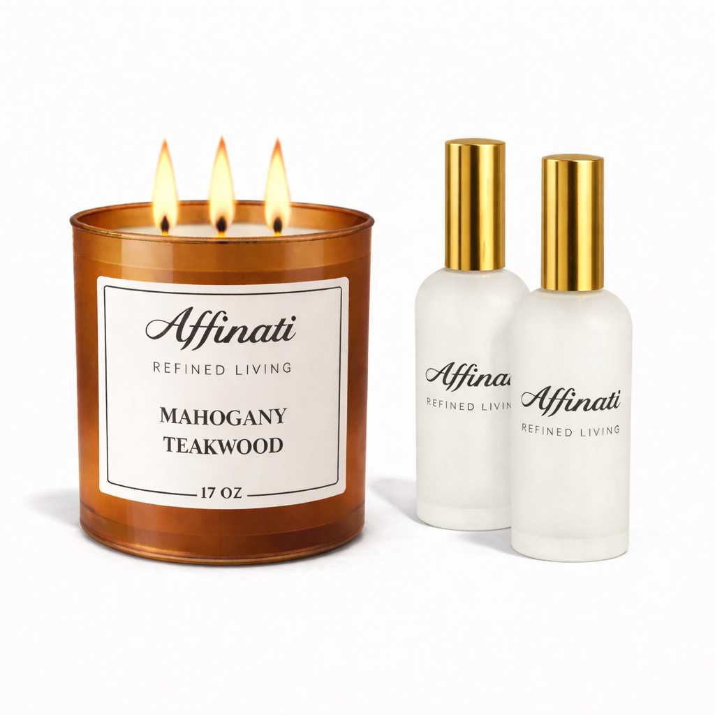 Mahogany Teakwood Candle & Room Spray Bundle | Strong Woodsy Scent - Affinati