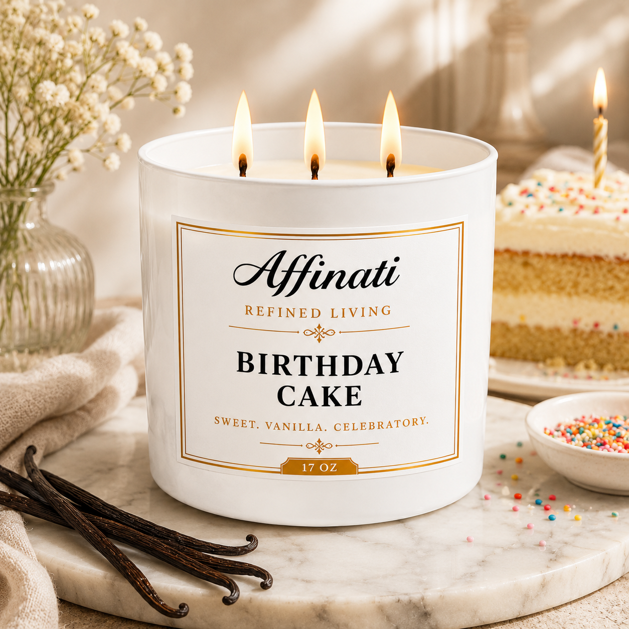 Bougie à 3 mèches parfum gâteau d'anniversaire