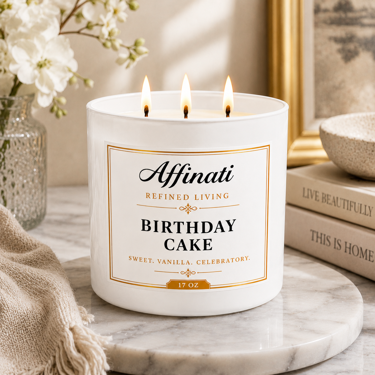 Bougie à 3 mèches parfum gâteau d'anniversaire