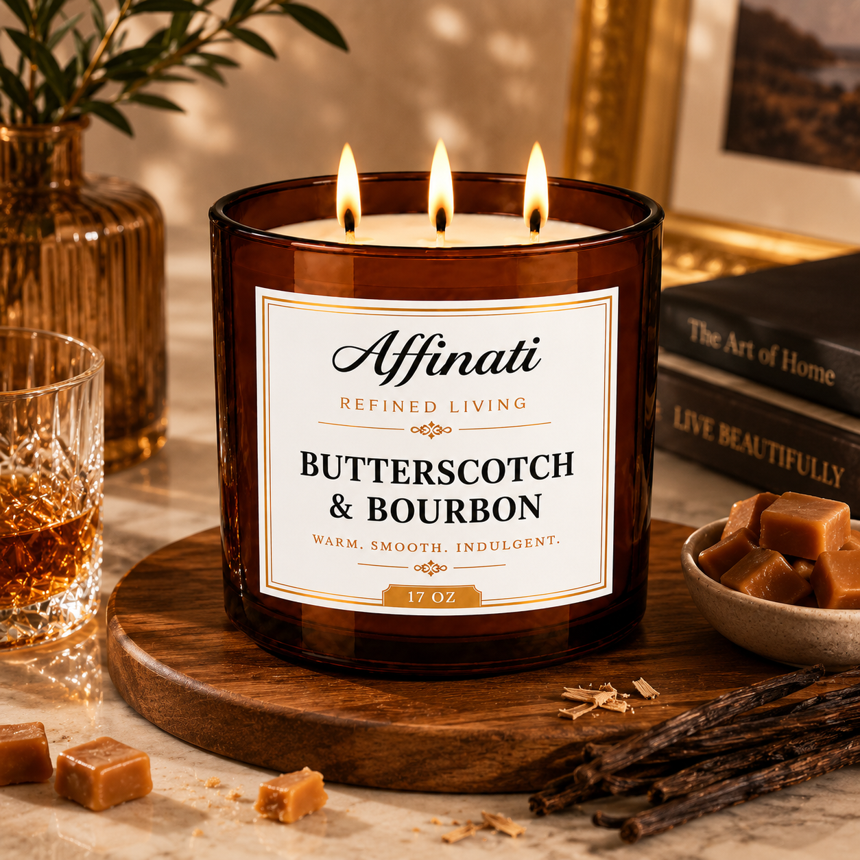 Butterscotch- och bourbonljus med 3 vekar
