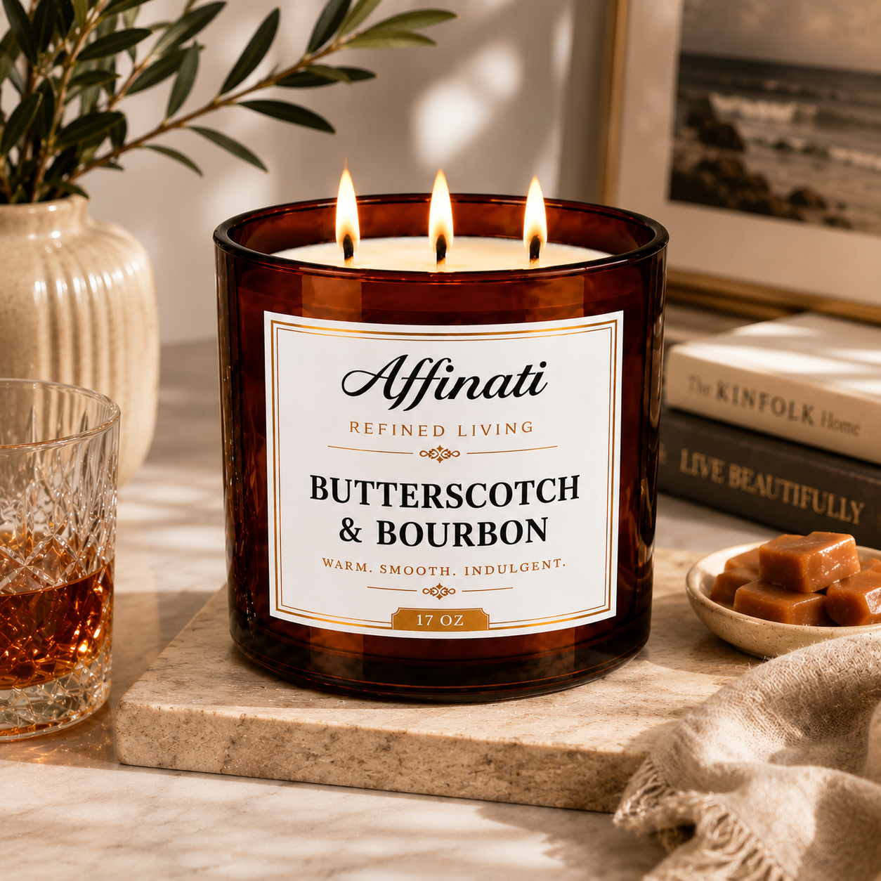 Butterscotch- och bourbonljus med 3 vekar