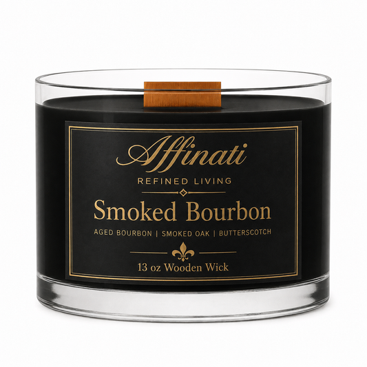 スモークドバーボン 木製芯キャンドル – 高級 13 oz 大豆ブレンド | Affinati