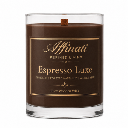エスプレッソリュクス 木製芯キャンドル – 高級 10 oz 大豆ブレンド | Affinati