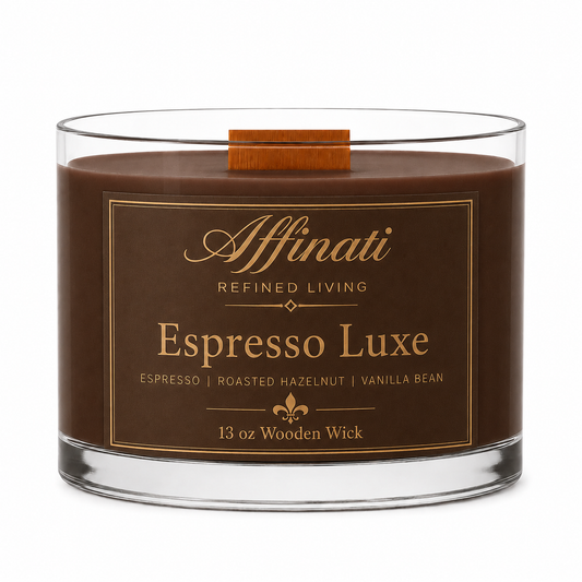 エスプレッソリュクス 木製芯キャンドル – 高級 13 oz 大豆ブレンド | Affinati