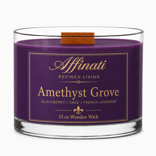アメジストグローブ 木製芯キャンドル – 高級 13 oz 大豆ブレンド | Affinati