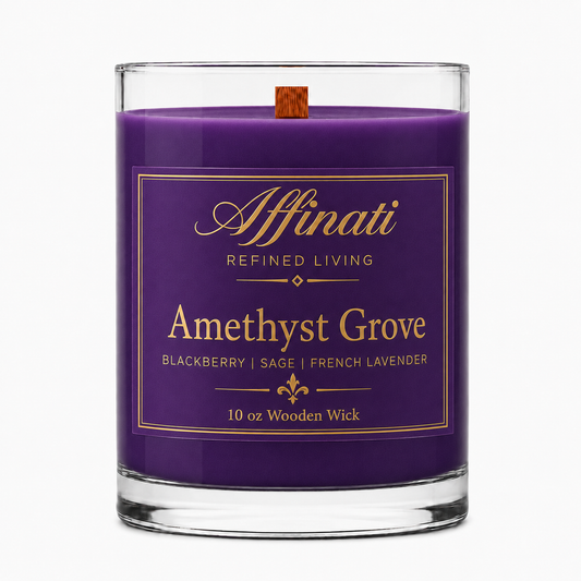 アメジストグローブ 木製芯キャンドル – 高級 10 oz 大豆ブレンド | Affinati
