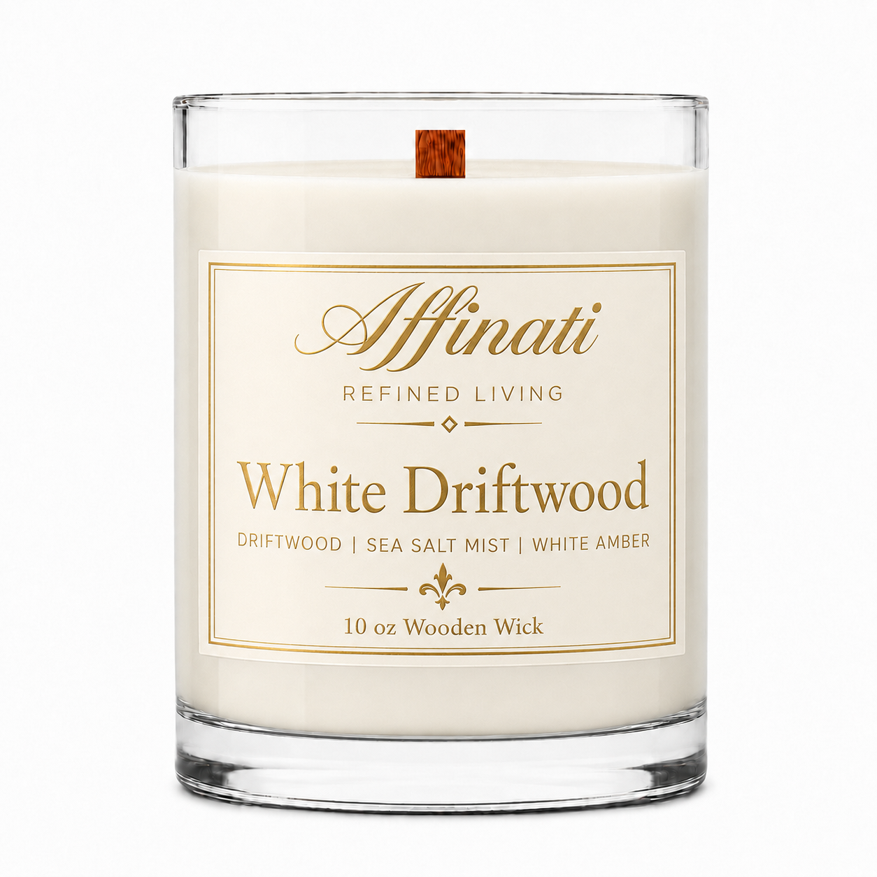 White Driftwood Wooden Wick Candle – Luxury 10 oz Soy Blend | Affinati