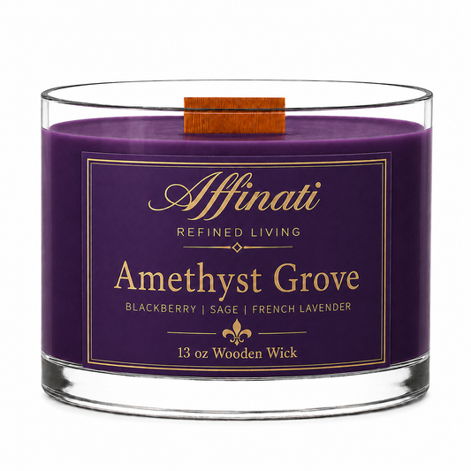 Svíčka s dřevěným knotem Amethyst Grove – Luxusní 13 oz sójová směs | Affinati