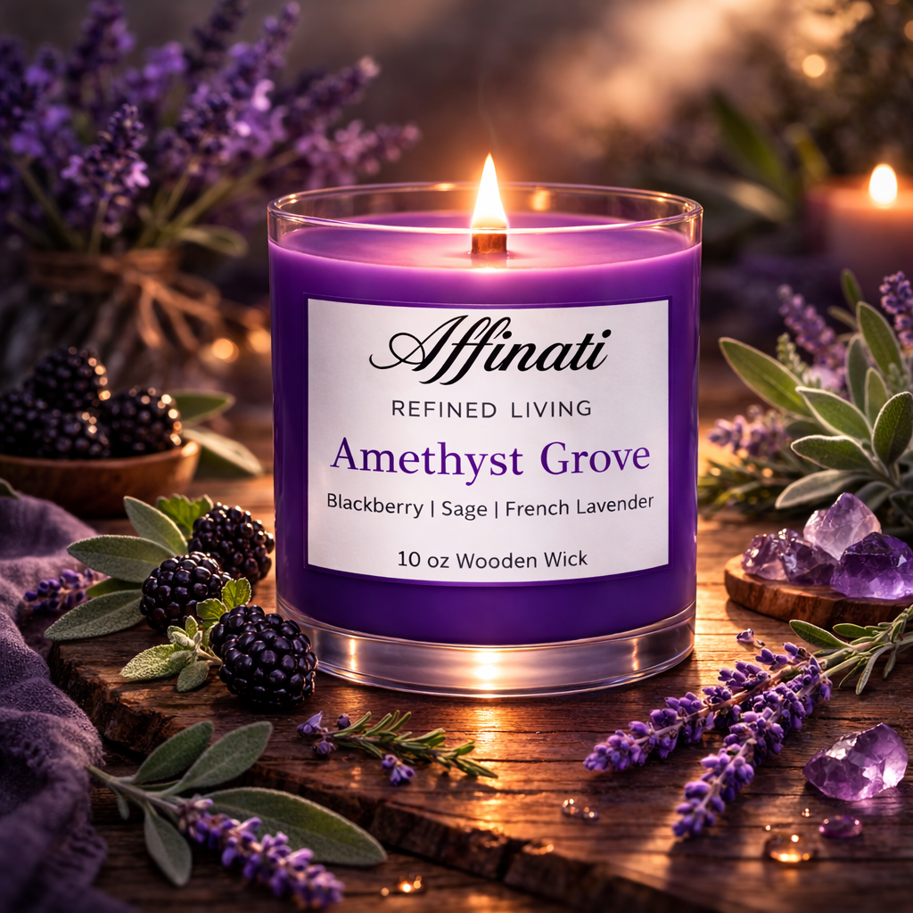 Vela con mecha de madera Amethyst Grove – Mezcla de soja de lujo de 283 g | Affinati
