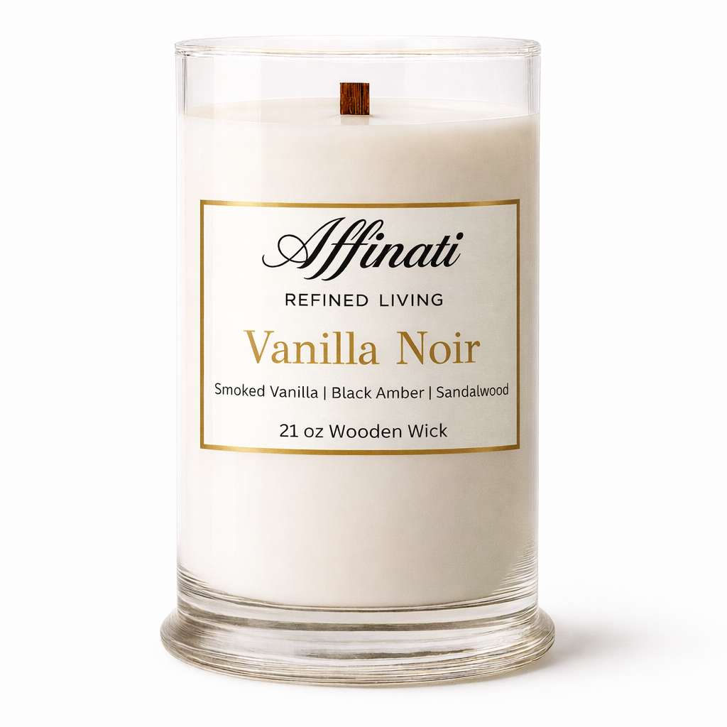 バニラノワール 木製芯キャンドル – 高級 21 oz 大豆ブレンド | Affinati