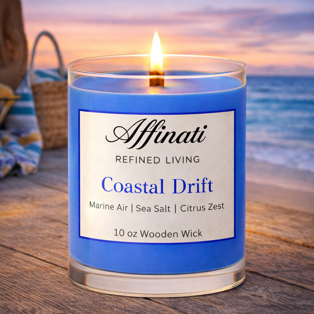 Coastal Drift Wooden Wick Candle – Luxury 10 oz Soy Blend | Affinati - Affinati