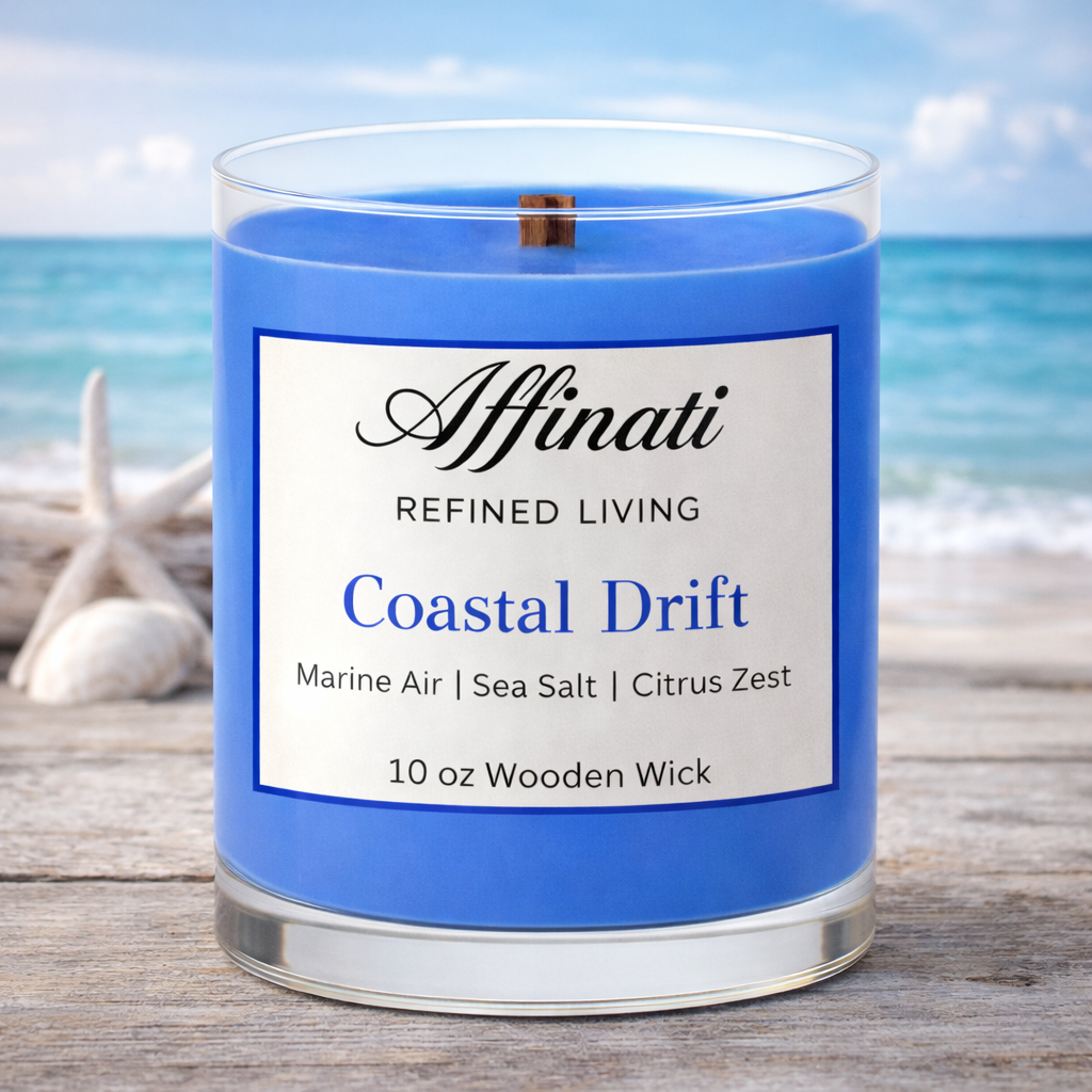 Coastal Drift Wooden Wick Candle – Luxury 10 oz Soy Blend | Affinati - Affinati