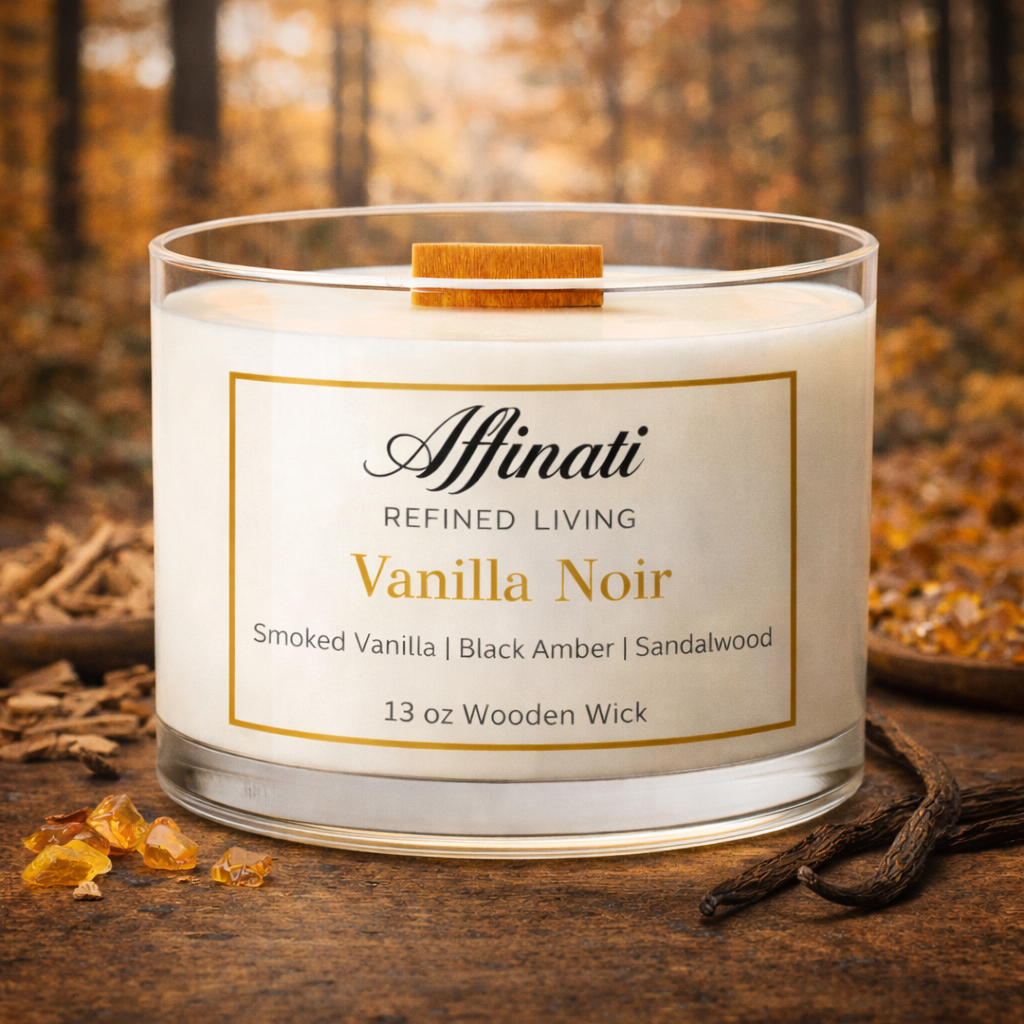 Vela con mecha de madera Vanilla Noir – Mezcla de soja de lujo 13 oz | Affinati