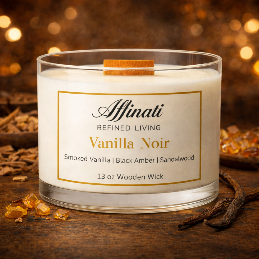 Vela con mecha de madera Vanilla Noir – Mezcla de soja de lujo 13 oz | Affinati
