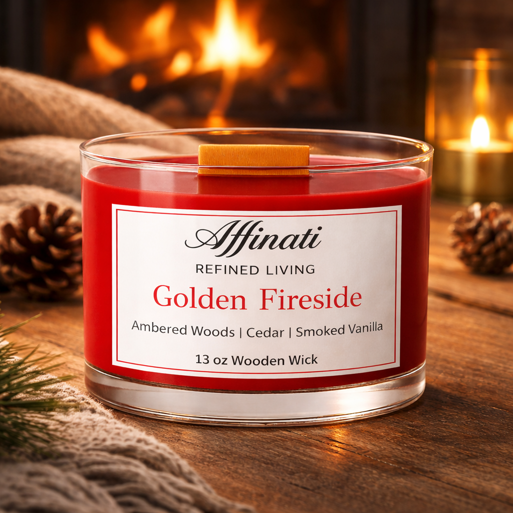 Golden Fireside Wooden Wick Candle – Luxury 13 oz Soy Blend | Affinati - Affinati