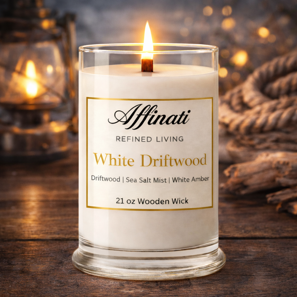 Vela de lujo con mecha de madera de madera flotante blanca – Mezcla de soja de 21 oz | Affinati