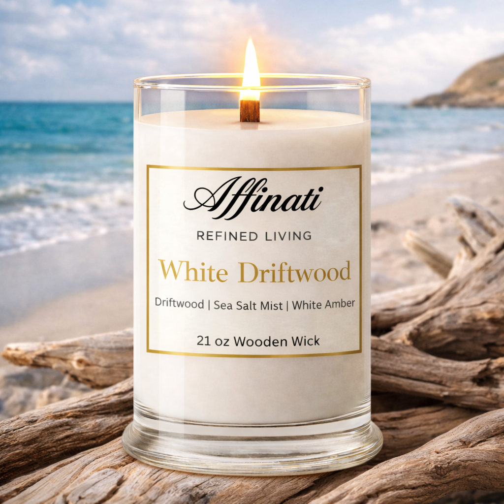 Vela de lujo con mecha de madera de madera flotante blanca – Mezcla de soja de 21 oz | Affinati