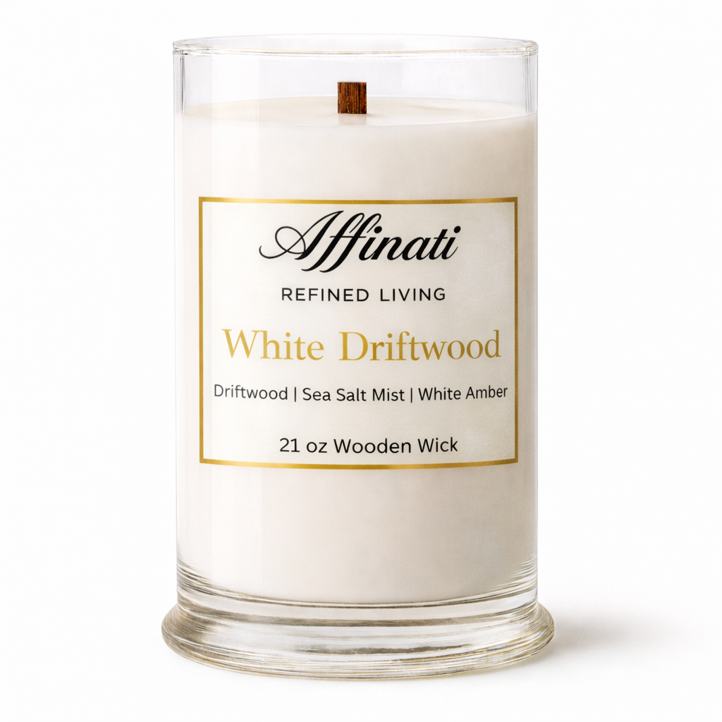 Vela de lujo con mecha de madera de madera flotante blanca – Mezcla de soja de 21 oz | Affinati