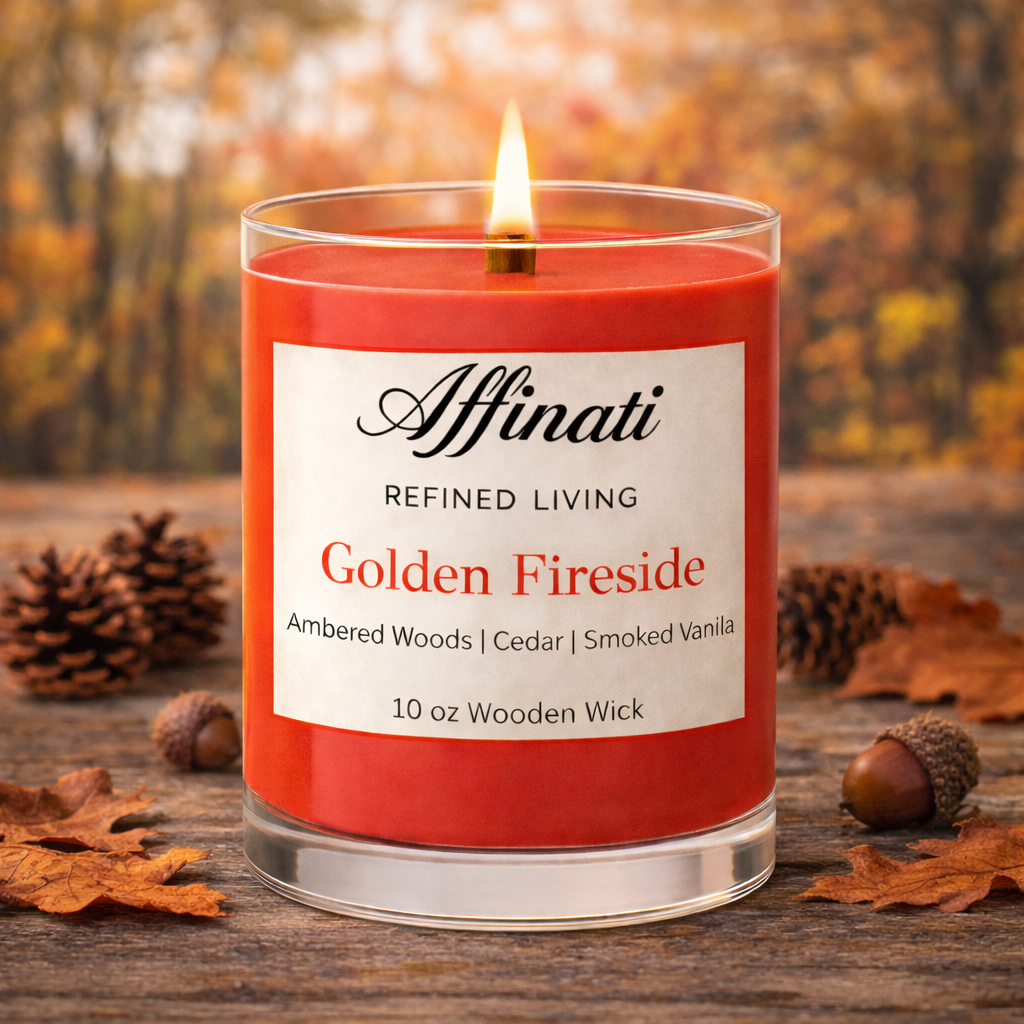 Golden Fireside Wooden Wick Candle – Luxury 10 oz Soy Blend | Affinati - Affinati
