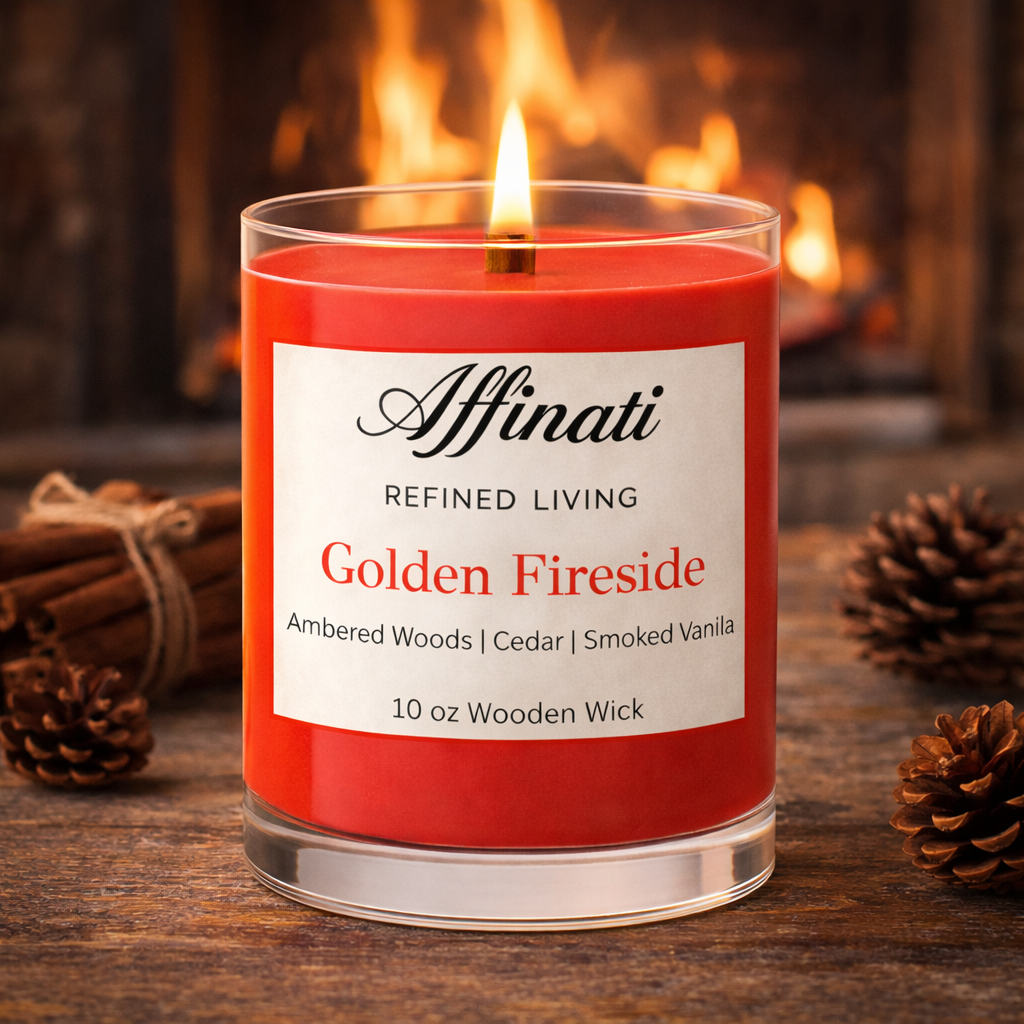 Golden Fireside Wooden Wick Candle – Luxury 10 oz Soy Blend | Affinati - Affinati