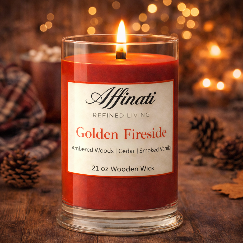 Golden Fireside Wooden Wick Candle – Luxury 21 oz Soy Blend | Affinati - Affinati