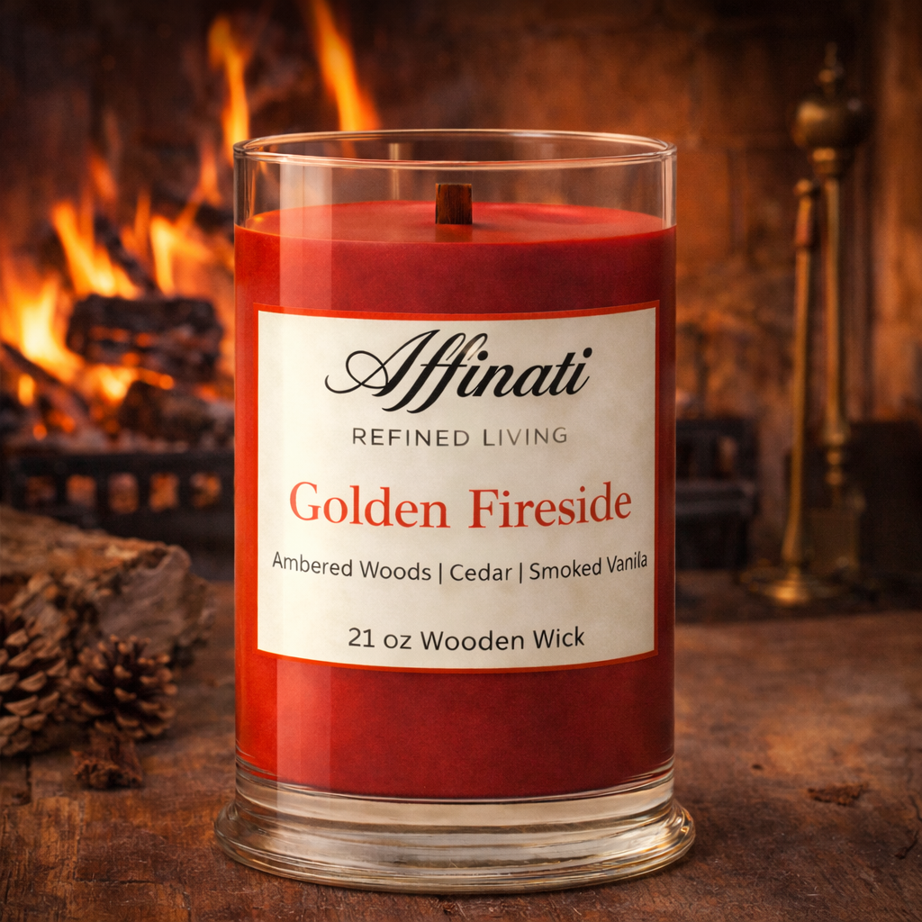 Golden Fireside Wooden Wick Candle – Luxury 21 oz Soy Blend | Affinati - Affinati