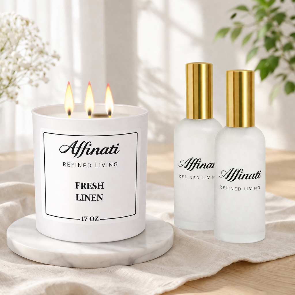 Fresh Linen Candle & Room Spray Bundle | Clean Strong Home Fragrance - Affinati