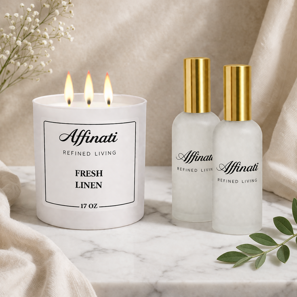 Fresh Linen Candle & Room Spray Bundle | Clean Strong Home Fragrance - Affinati