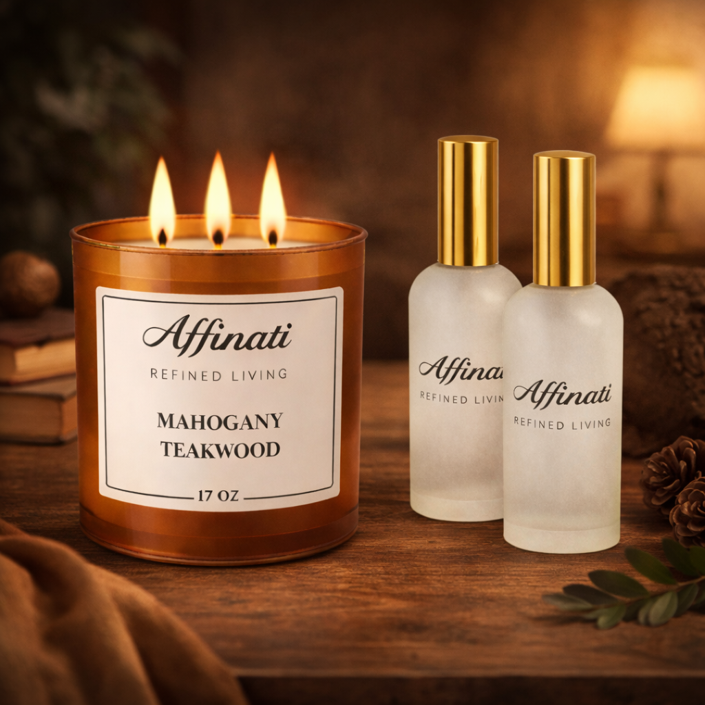 Mahogany Teakwood Candle & Room Spray Bundle | Strong Woodsy Scent - Affinati