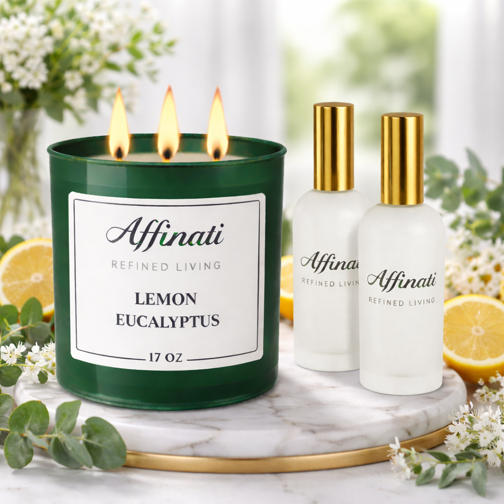 Set Candela e Spray per Ambiente al Limone e Eucalipto | Profumo Fresco e Pulito