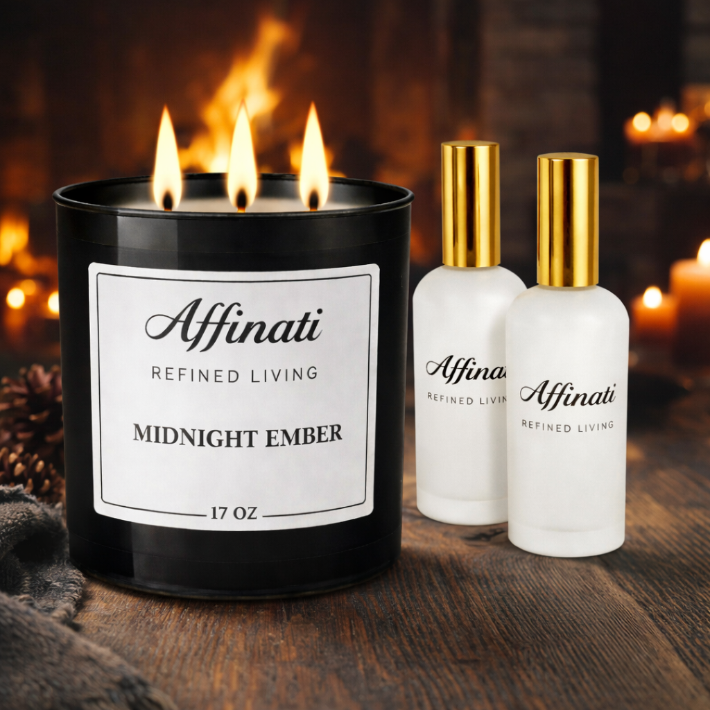 Midnight Ember Lys & Rum Spray Sæt | Røget Varm Duftpåvirkning