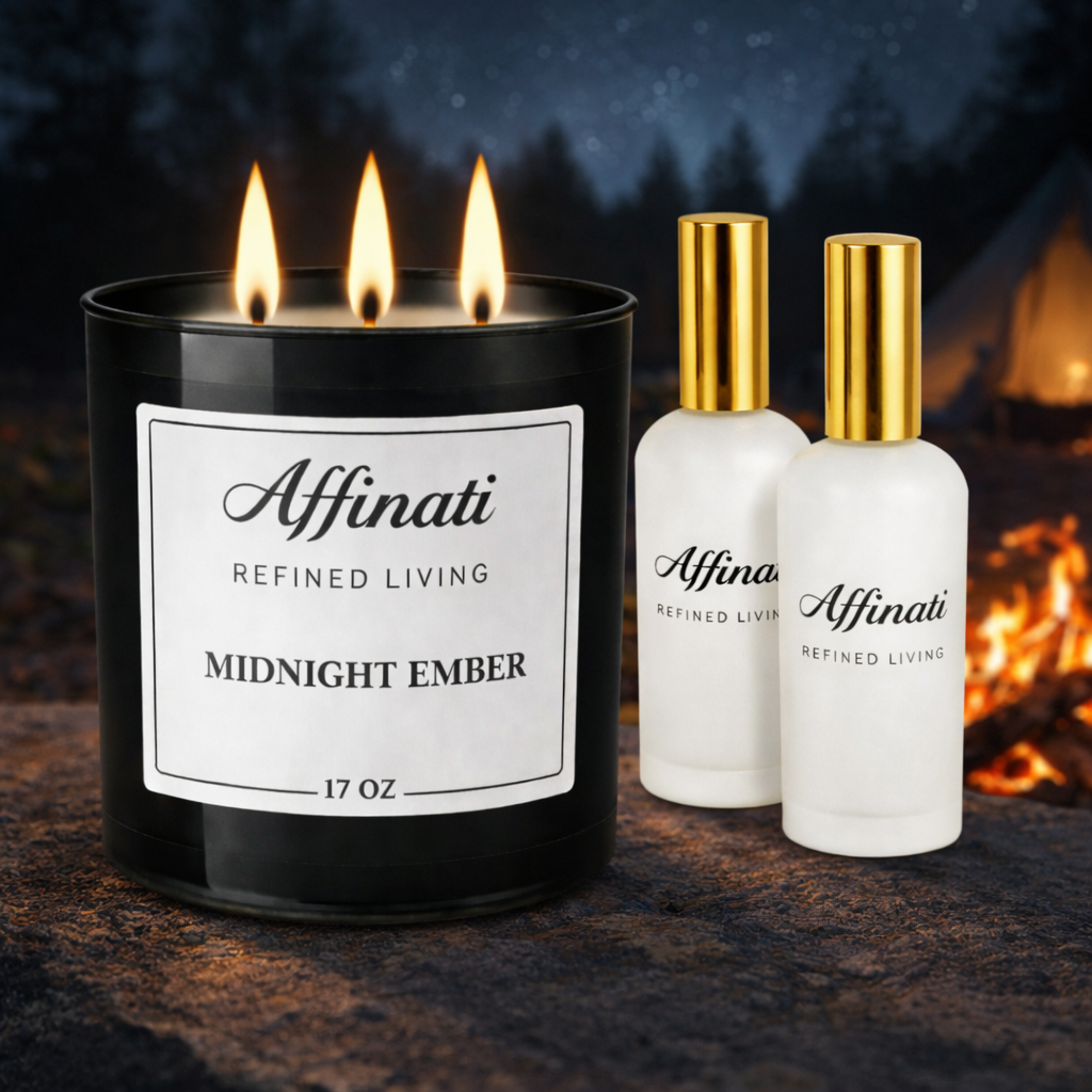 Midnight Ember Lys & Rum Spray Sæt | Røget Varm Duftpåvirkning