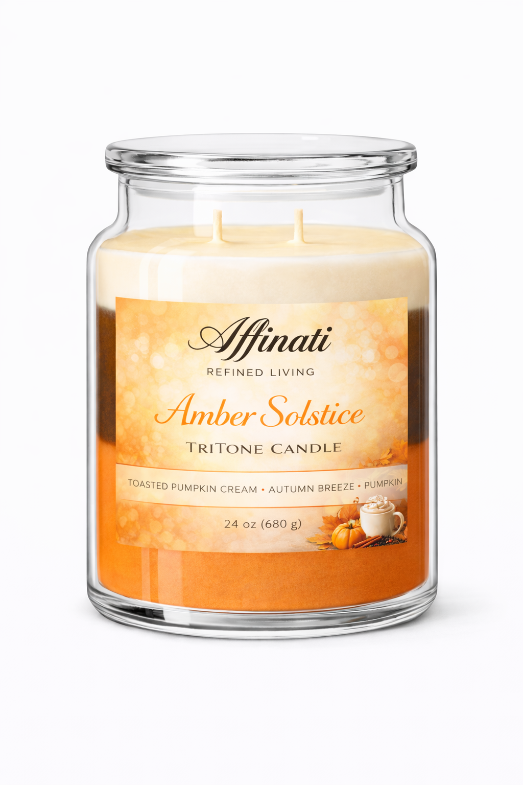 Amber Zonnewende Driekleurige Kaars | Geroosterde Pompoenroom, Herfstbries & Pompoenkruiden Latte