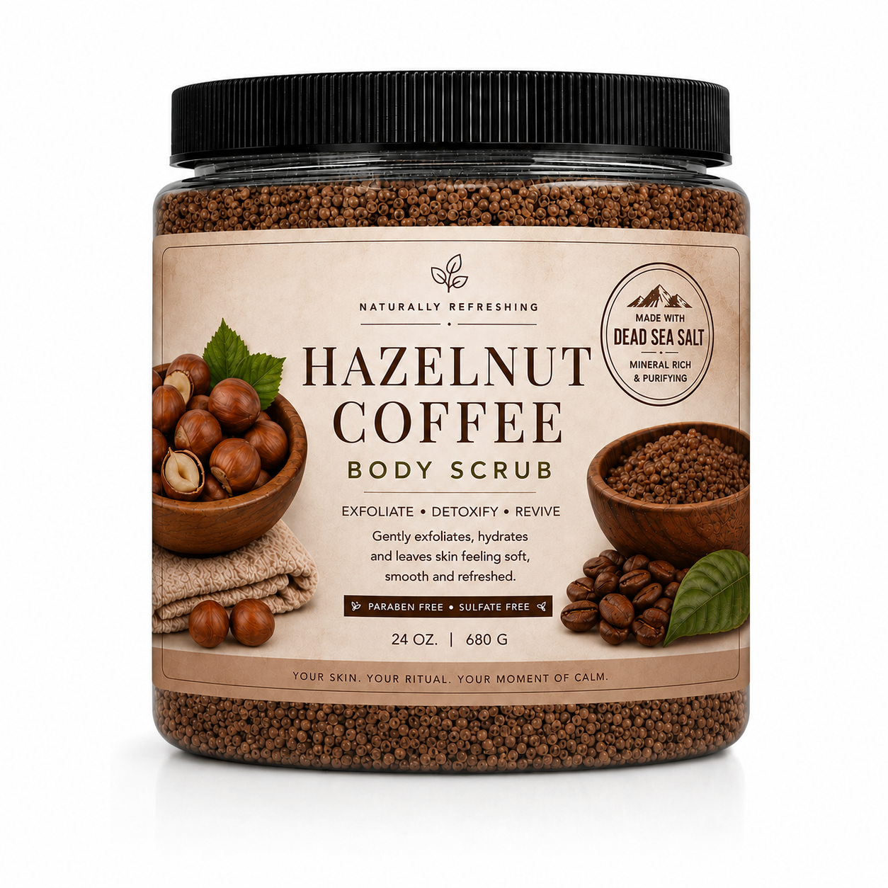 Exfoliante corporal de café y avellana | Sal del mar Muerto
