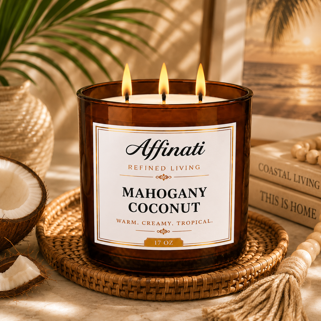 Mahagoni Kokosnuss 3-Docht Kerze