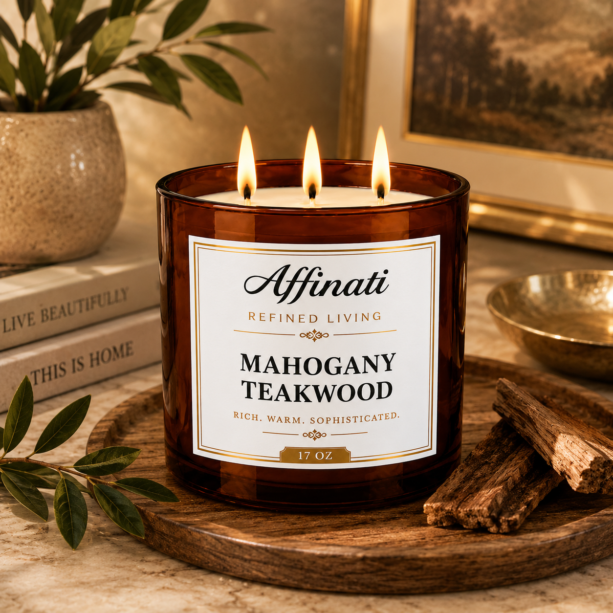 महोगनी टीकवुड 3-विक मोमबत्ती