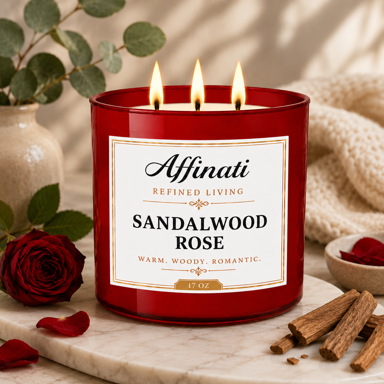 Candela a 3 stoppini Rosa di Sandalo