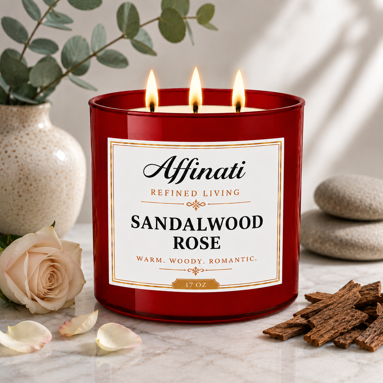 Candela a 3 stoppini Rosa di Sandalo